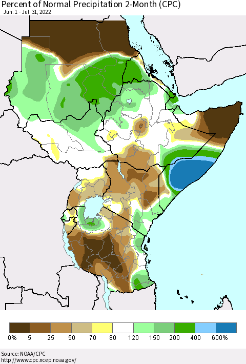 Eastern Africa Percent of Normal Precipitation 2-Month (CPC) Thematic Map For 6/1/2022 - 7/31/2022