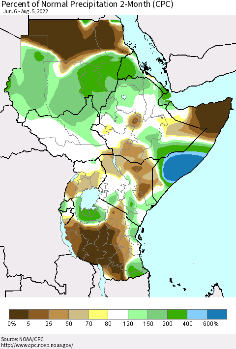 Eastern Africa Percent of Normal Precipitation 2-Month (CPC) Thematic Map For 6/6/2022 - 8/5/2022