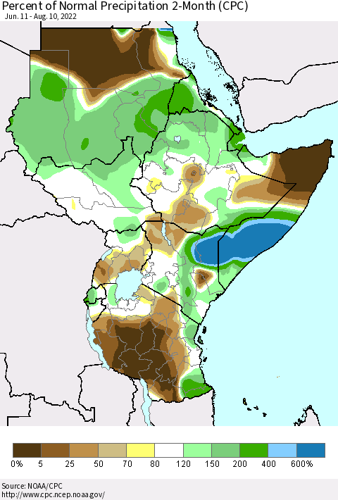 Eastern Africa Percent of Normal Precipitation 2-Month (CPC) Thematic Map For 6/11/2022 - 8/10/2022