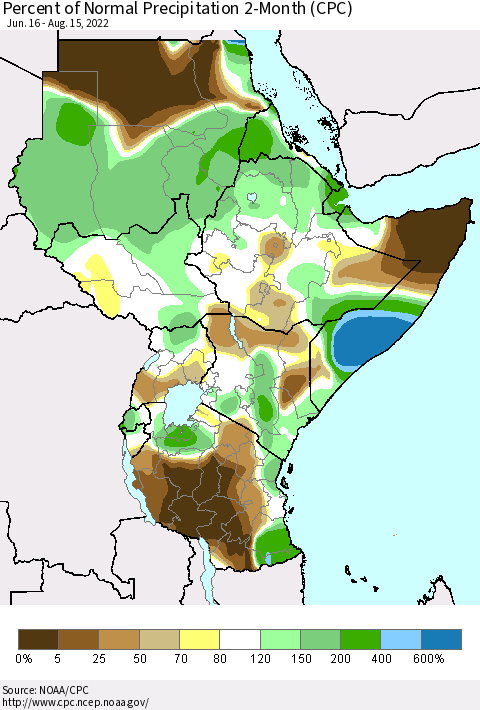Eastern Africa Percent of Normal Precipitation 2-Month (CPC) Thematic Map For 6/16/2022 - 8/15/2022