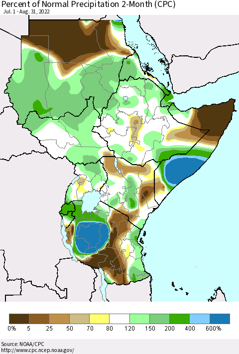 Eastern Africa Percent of Normal Precipitation 2-Month (CPC) Thematic Map For 7/1/2022 - 8/31/2022