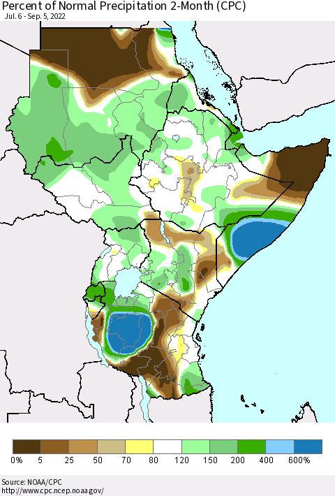 Eastern Africa Percent of Normal Precipitation 2-Month (CPC) Thematic Map For 7/6/2022 - 9/5/2022
