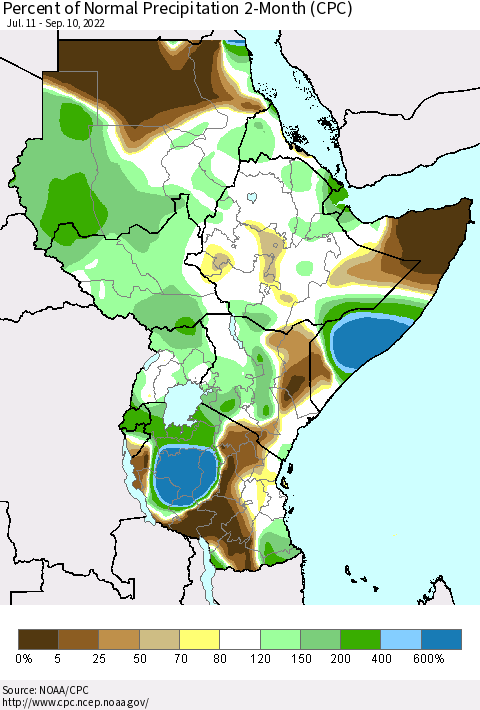 Eastern Africa Percent of Normal Precipitation 2-Month (CPC) Thematic Map For 7/11/2022 - 9/10/2022