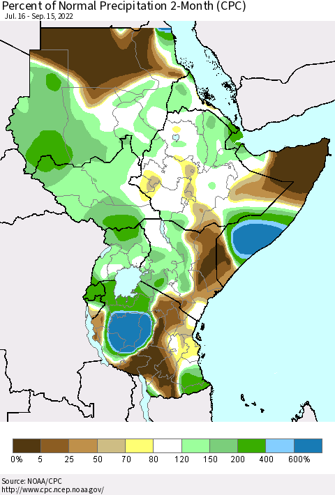 Eastern Africa Percent of Normal Precipitation 2-Month (CPC) Thematic Map For 7/16/2022 - 9/15/2022