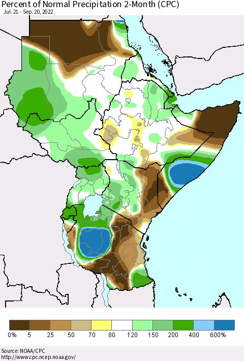 Eastern Africa Percent of Normal Precipitation 2-Month (CPC) Thematic Map For 7/21/2022 - 9/20/2022