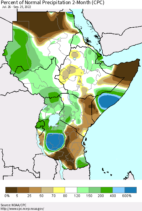 Eastern Africa Percent of Normal Precipitation 2-Month (CPC) Thematic Map For 7/26/2022 - 9/25/2022