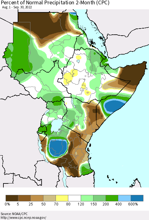Eastern Africa Percent of Normal Precipitation 2-Month (CPC) Thematic Map For 8/1/2022 - 9/30/2022
