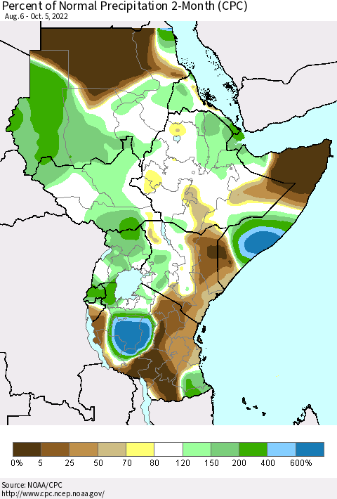 Eastern Africa Percent of Normal Precipitation 2-Month (CPC) Thematic Map For 8/6/2022 - 10/5/2022