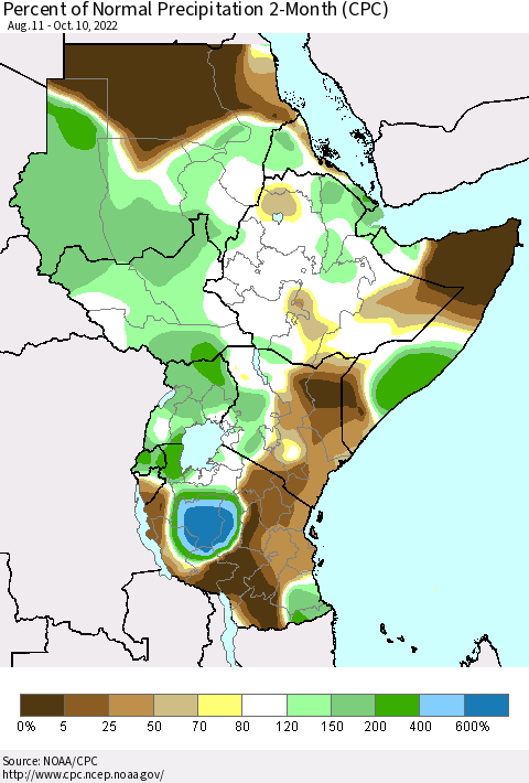 Eastern Africa Percent of Normal Precipitation 2-Month (CPC) Thematic Map For 8/11/2022 - 10/10/2022