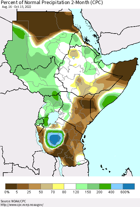 Eastern Africa Percent of Normal Precipitation 2-Month (CPC) Thematic Map For 8/16/2022 - 10/15/2022