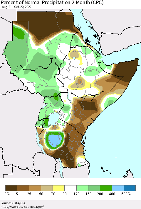 Eastern Africa Percent of Normal Precipitation 2-Month (CPC) Thematic Map For 8/21/2022 - 10/20/2022