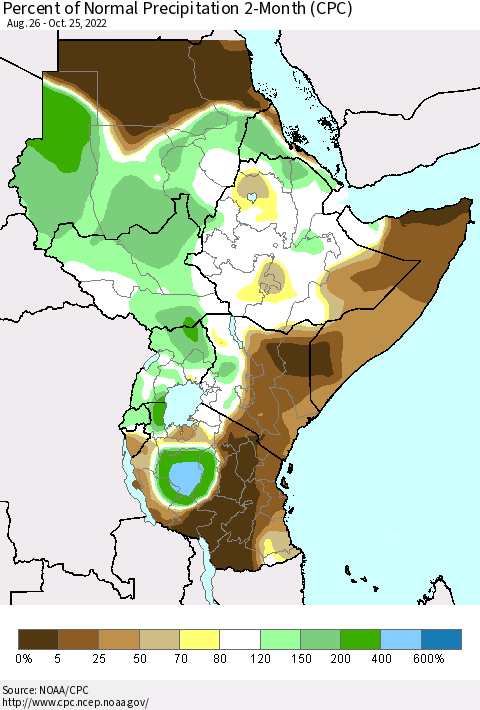 Eastern Africa Percent of Normal Precipitation 2-Month (CPC) Thematic Map For 8/26/2022 - 10/25/2022