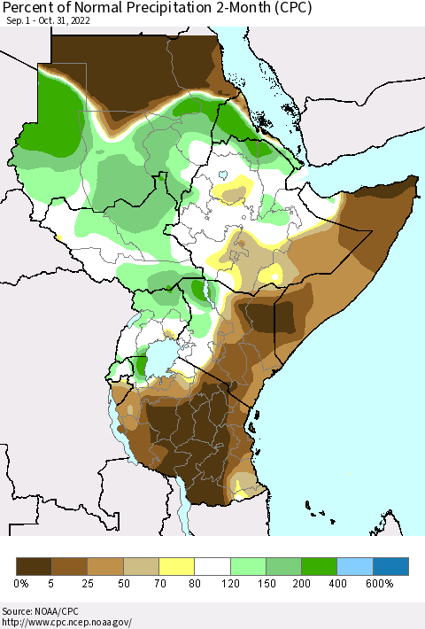 Eastern Africa Percent of Normal Precipitation 2-Month (CPC) Thematic Map For 9/1/2022 - 10/31/2022