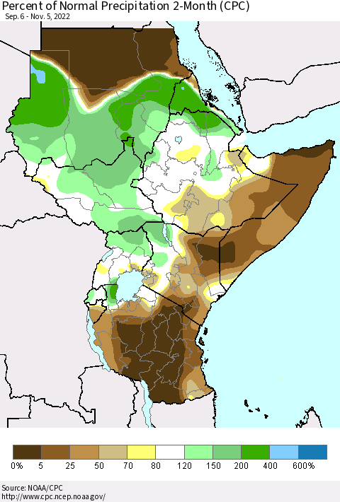 Eastern Africa Percent of Normal Precipitation 2-Month (CPC) Thematic Map For 9/6/2022 - 11/5/2022