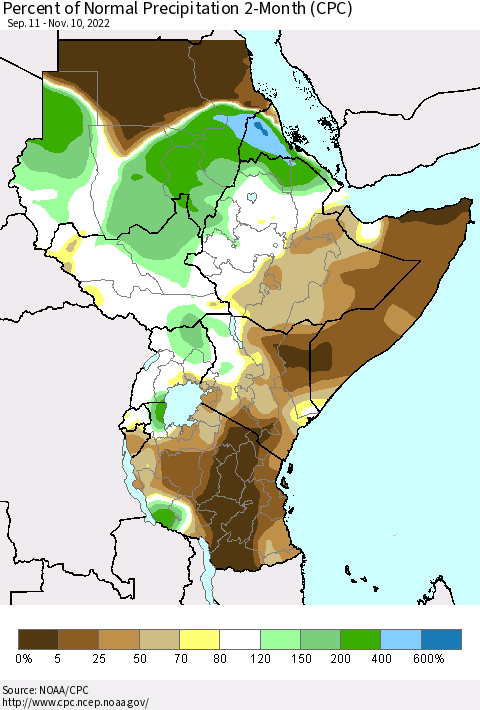 Eastern Africa Percent of Normal Precipitation 2-Month (CPC) Thematic Map For 9/11/2022 - 11/10/2022