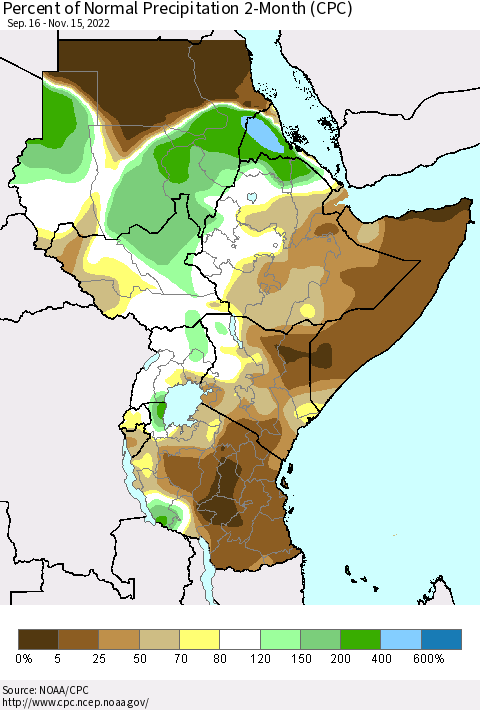 Eastern Africa Percent of Normal Precipitation 2-Month (CPC) Thematic Map For 9/16/2022 - 11/15/2022
