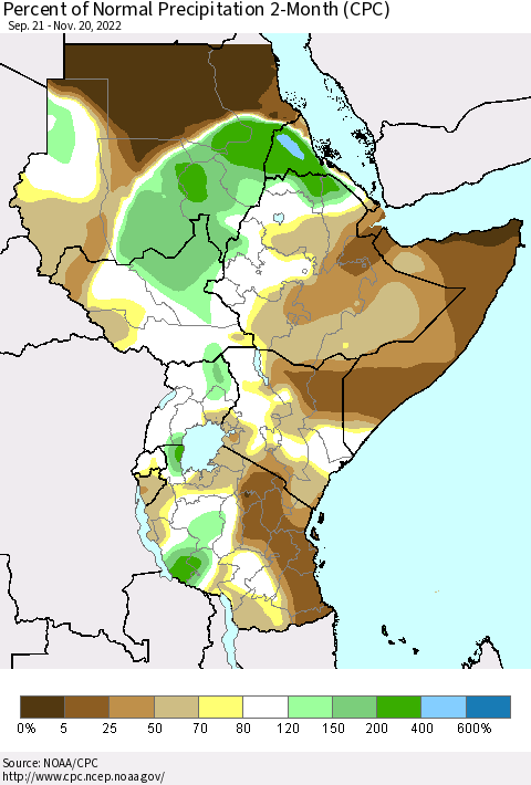Eastern Africa Percent of Normal Precipitation 2-Month (CPC) Thematic Map For 9/21/2022 - 11/20/2022