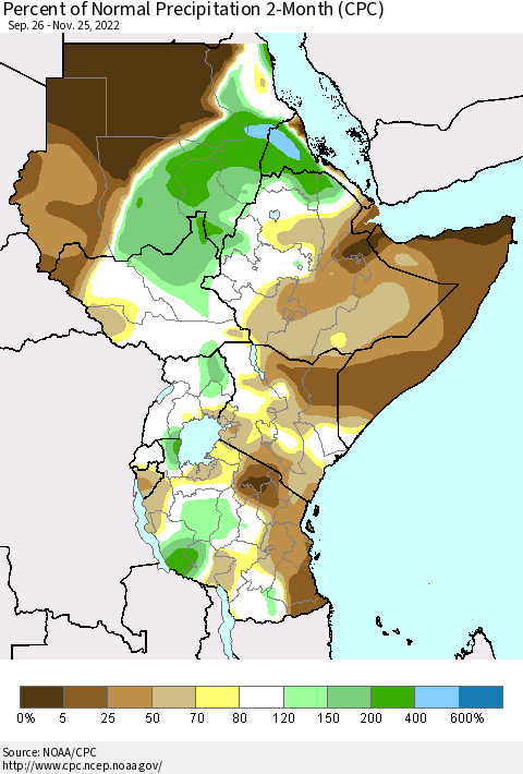 Eastern Africa Percent of Normal Precipitation 2-Month (CPC) Thematic Map For 9/26/2022 - 11/25/2022