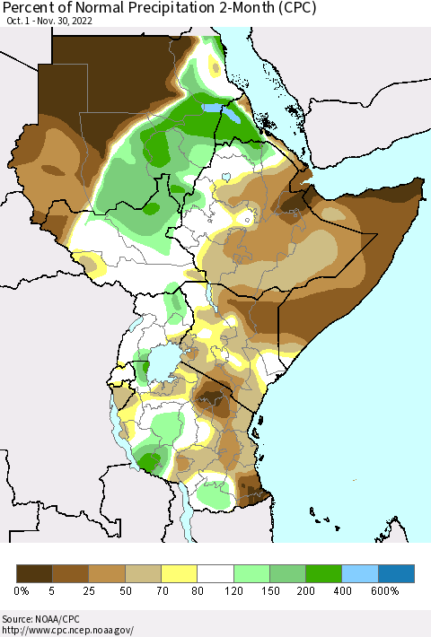 Eastern Africa Percent of Normal Precipitation 2-Month (CPC) Thematic Map For 10/1/2022 - 11/30/2022