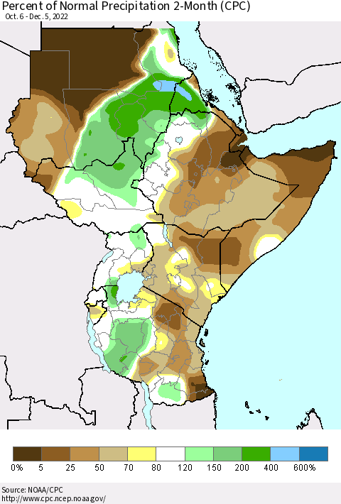 Eastern Africa Percent of Normal Precipitation 2-Month (CPC) Thematic Map For 10/6/2022 - 12/5/2022