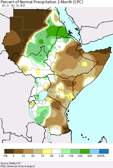 Eastern Africa Percent of Normal Precipitation 2-Month (CPC) Thematic Map For 10/11/2022 - 12/10/2022