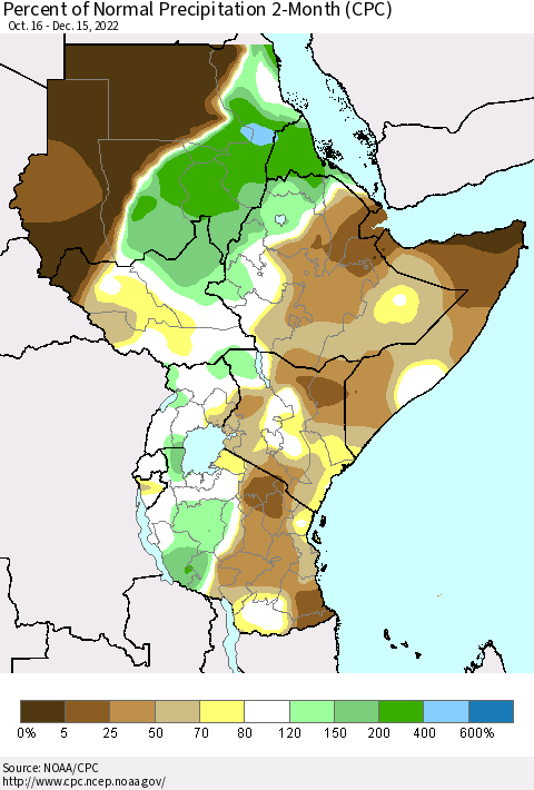 Eastern Africa Percent of Normal Precipitation 2-Month (CPC) Thematic Map For 10/16/2022 - 12/15/2022