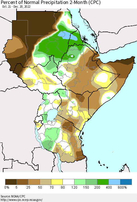 Eastern Africa Percent of Normal Precipitation 2-Month (CPC) Thematic Map For 10/21/2022 - 12/20/2022