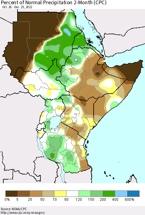 Eastern Africa Percent of Normal Precipitation 2-Month (CPC) Thematic Map For 10/26/2022 - 12/25/2022