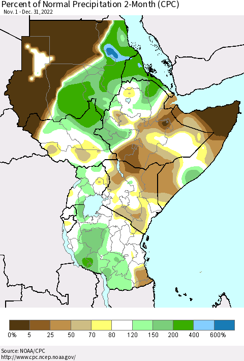 Eastern Africa Percent of Normal Precipitation 2-Month (CPC) Thematic Map For 11/1/2022 - 12/31/2022