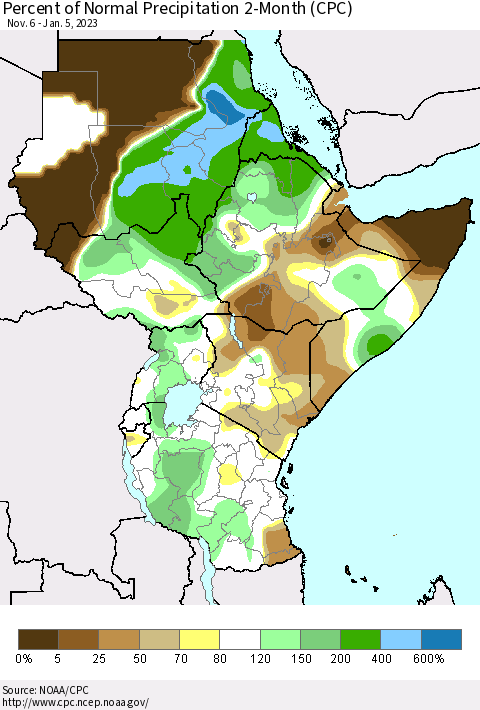 Eastern Africa Percent of Normal Precipitation 2-Month (CPC) Thematic Map For 11/6/2022 - 1/5/2023