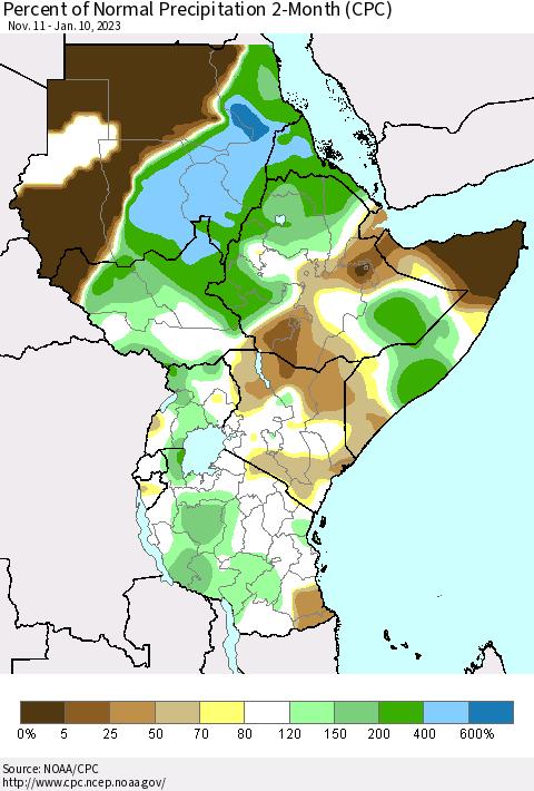 Eastern Africa Percent of Normal Precipitation 2-Month (CPC) Thematic Map For 11/11/2022 - 1/10/2023