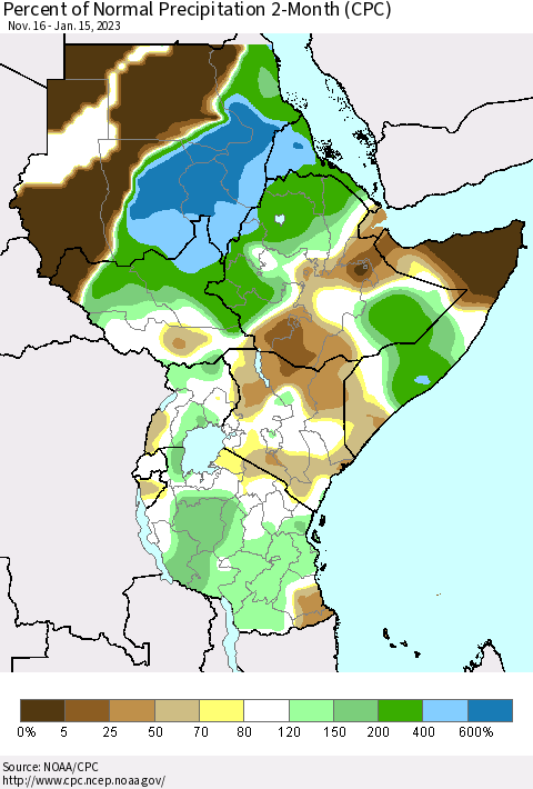 Eastern Africa Percent of Normal Precipitation 2-Month (CPC) Thematic Map For 11/16/2022 - 1/15/2023