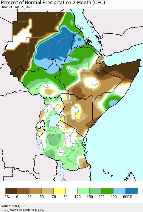 Eastern Africa Percent of Normal Precipitation 2-Month (CPC) Thematic Map For 11/21/2022 - 1/20/2023
