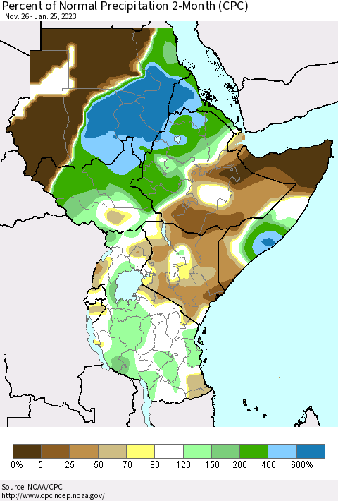 Eastern Africa Percent of Normal Precipitation 2-Month (CPC) Thematic Map For 11/26/2022 - 1/25/2023