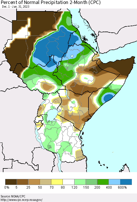 Eastern Africa Percent of Normal Precipitation 2-Month (CPC) Thematic Map For 12/1/2022 - 1/31/2023