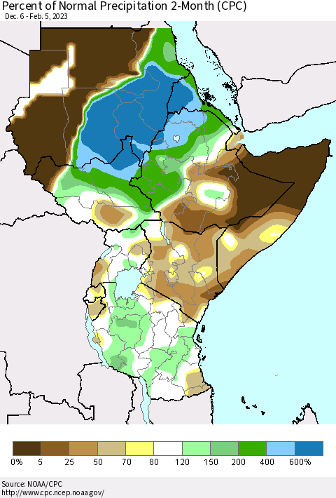 Eastern Africa Percent of Normal Precipitation 2-Month (CPC) Thematic Map For 12/6/2022 - 2/5/2023