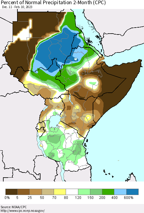 Eastern Africa Percent of Normal Precipitation 2-Month (CPC) Thematic Map For 12/11/2022 - 2/10/2023