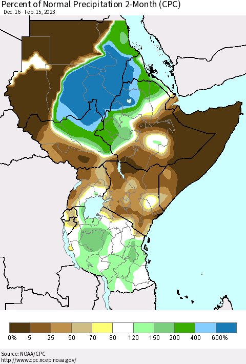 Eastern Africa Percent of Normal Precipitation 2-Month (CPC) Thematic Map For 12/16/2022 - 2/15/2023