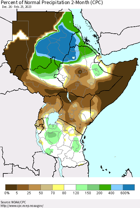 Eastern Africa Percent of Normal Precipitation 2-Month (CPC) Thematic Map For 12/26/2022 - 2/25/2023