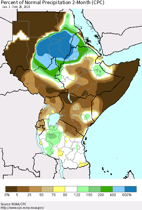 Eastern Africa Percent of Normal Precipitation 2-Month (CPC) Thematic Map For 1/1/2023 - 2/28/2023