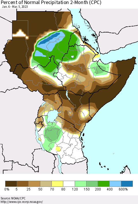 Eastern Africa Percent of Normal Precipitation 2-Month (CPC) Thematic Map For 1/6/2023 - 3/5/2023