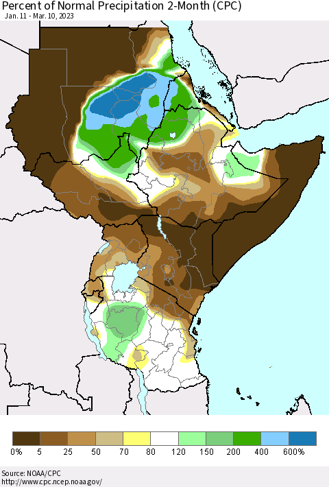 Eastern Africa Percent of Normal Precipitation 2-Month (CPC) Thematic Map For 1/11/2023 - 3/10/2023