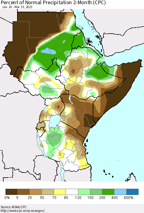 Eastern Africa Percent of Normal Precipitation 2-Month (CPC) Thematic Map For 1/16/2023 - 3/15/2023