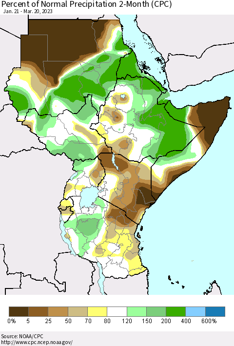 Eastern Africa Percent of Normal Precipitation 2-Month (CPC) Thematic Map For 1/21/2023 - 3/20/2023