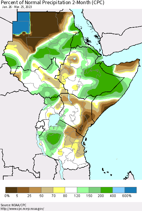 Eastern Africa Percent of Normal Precipitation 2-Month (CPC) Thematic Map For 1/26/2023 - 3/25/2023