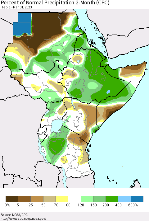 Eastern Africa Percent of Normal Precipitation 2-Month (CPC) Thematic Map For 2/1/2023 - 3/31/2023