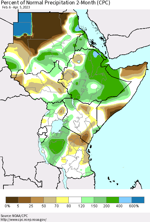 Eastern Africa Percent of Normal Precipitation 2-Month (CPC) Thematic Map For 2/6/2023 - 4/5/2023