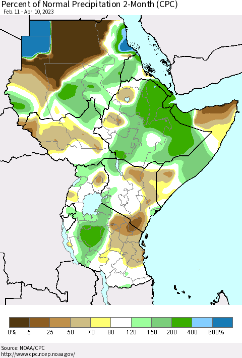 Eastern Africa Percent of Normal Precipitation 2-Month (CPC) Thematic Map For 2/11/2023 - 4/10/2023