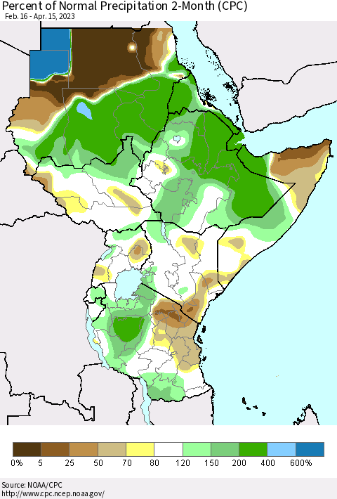 Eastern Africa Percent of Normal Precipitation 2-Month (CPC) Thematic Map For 2/16/2023 - 4/15/2023