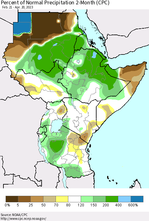 Eastern Africa Percent of Normal Precipitation 2-Month (CPC) Thematic Map For 2/21/2023 - 4/20/2023